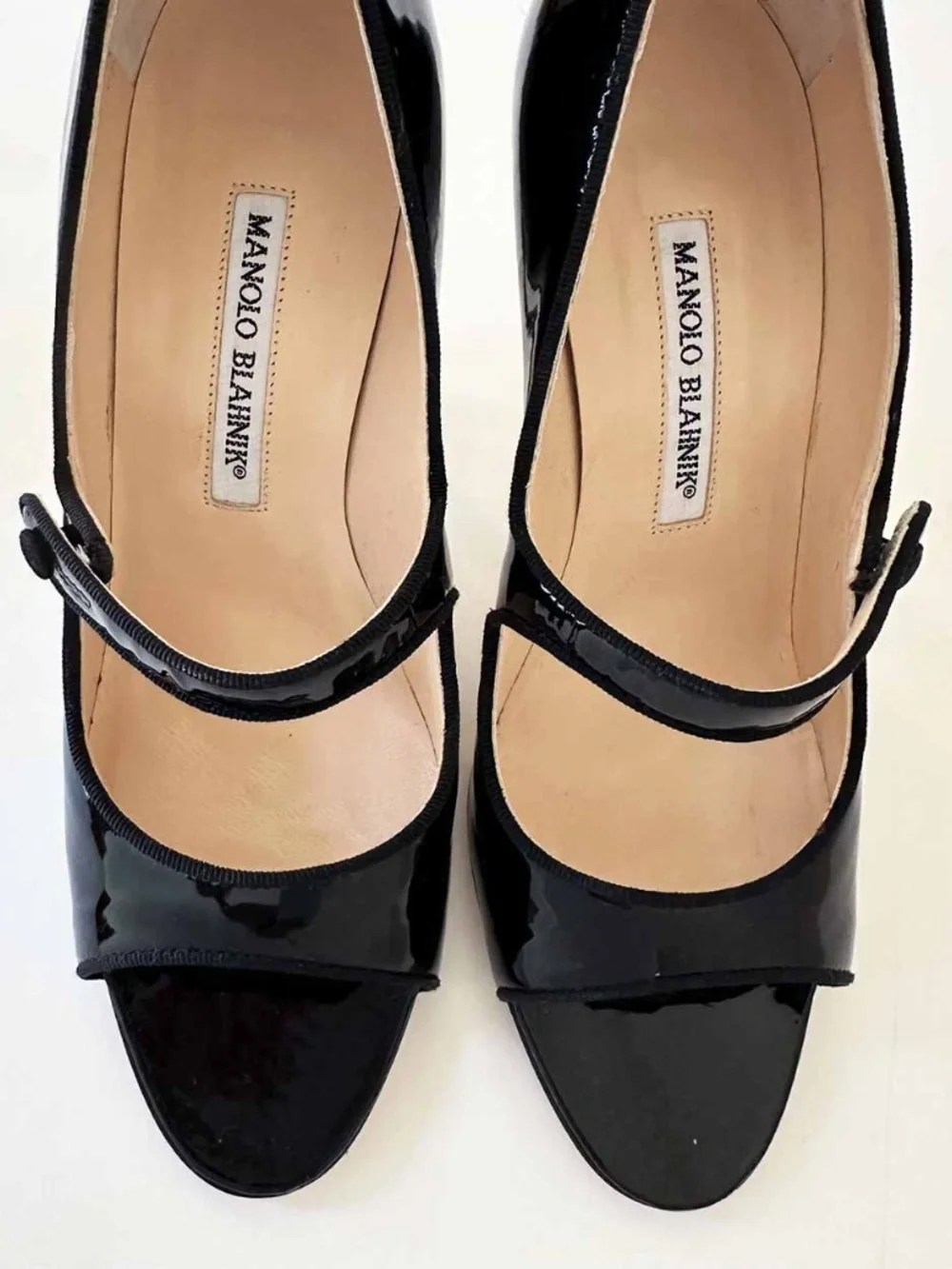 Manolo Blahnik Black Patent Leather Mary Jane Peep Toe Heels EU 38 Italy